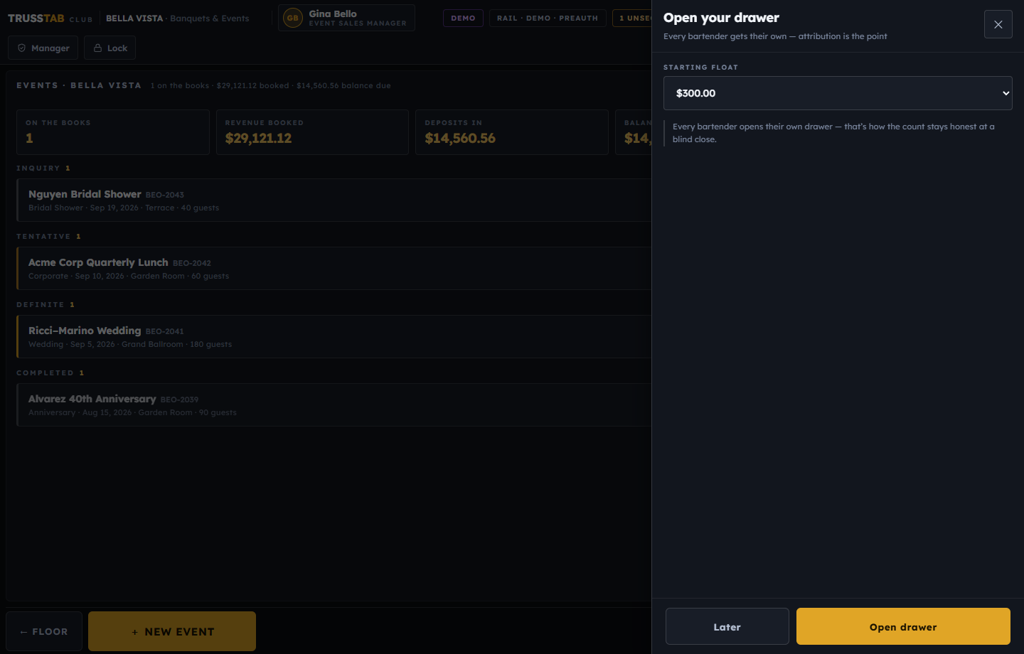 TrussTab events board showing a venue's booked events, revenue and balances